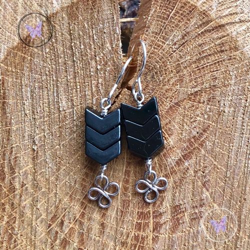 Hematite Arrow Earrings With Lucky Silver Clover